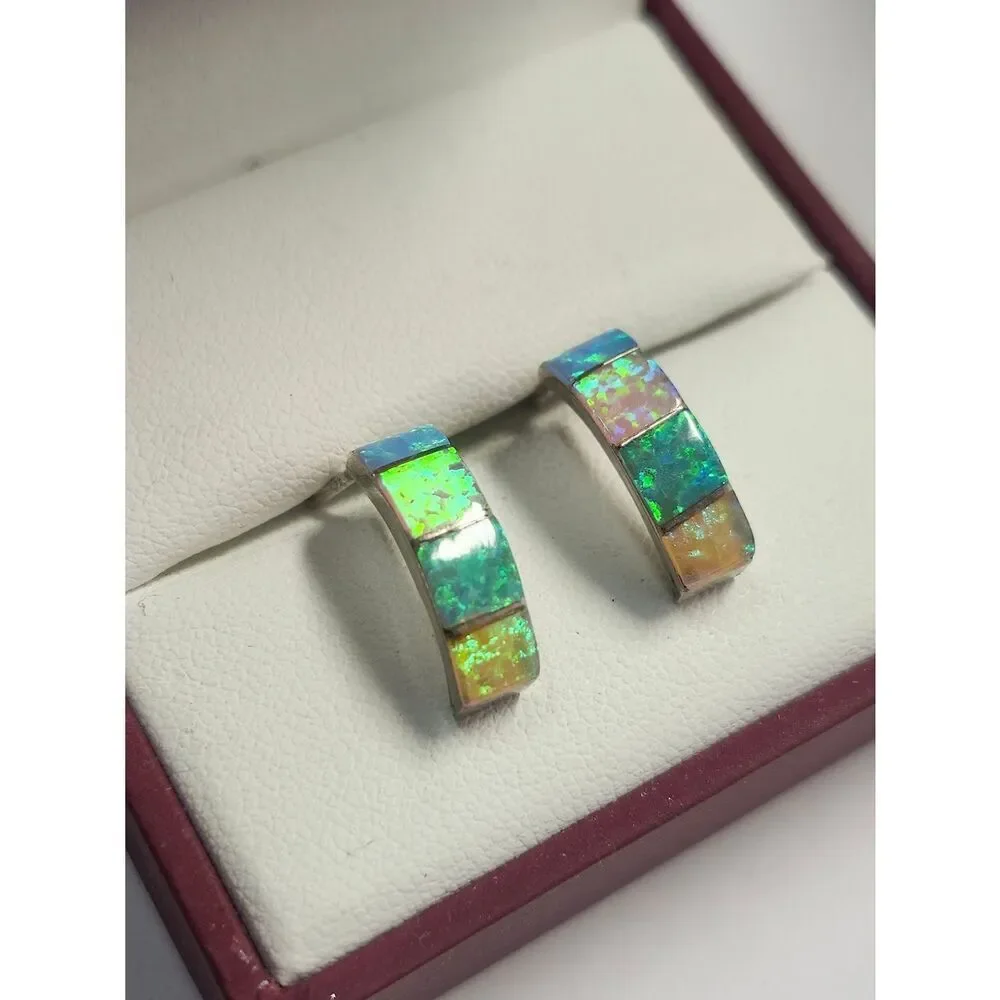 Sterling Silver 925 Opal Inlay Half Hoop Earrings Multi